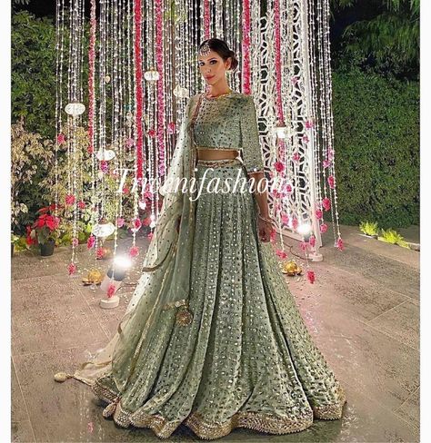 Sage Green Mirror, Bridesmaid Dresses Indian, Pakistani Lehenga, Orange Lehenga, Pakistan Wedding, Lehenga Choli Designs, Mirror Work Lehenga, Georgette Lehenga, Work Lehenga