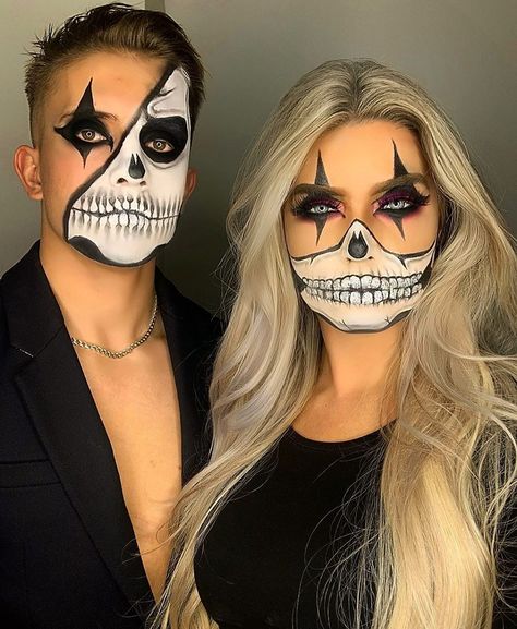 Hallowen Schminke, Creative Couples Costumes, Makijaż Sugar Skull, Maquillage Halloween Clown, Couples Costumes For Halloween, Pelottava Halloween, Koleksi Makeup, Couples Costumes Creative, Halloween Makeup Clown