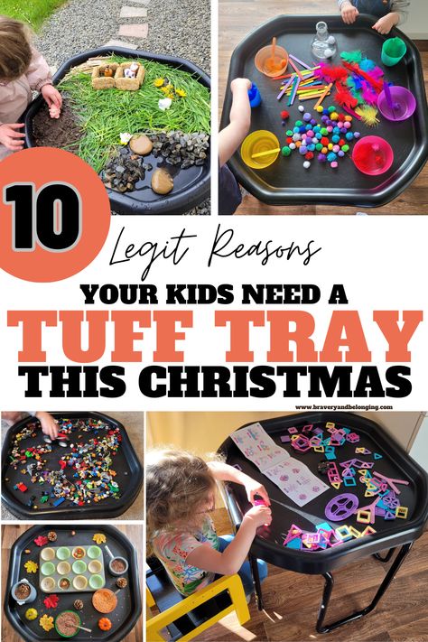 Pin text reads, 10 legit reasons you need a Tuff Tray this Christmas. Images are 5 pictures of tuff tray ideas. Tuff Tray Ideas 2-3, Nursery Tuff Tray Ideas, Christmas Tuff Tray Ideas, Easy Tuff Tray Ideas, Christmas Budget Ideas, Saving Money For Christmas, Frugal Christmas Gifts, Toddler Gift Ideas, Tuff Tray Ideas Toddlers