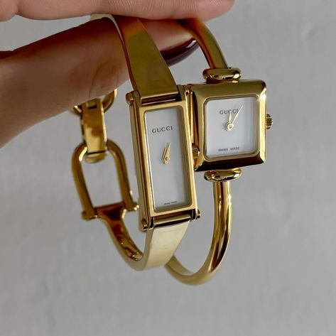 Sold*. Gucci gold bangle watches from the 90s will be available today at 5pm pacific time!! Nice Jewelry For Women, Gucci Bangle Watch, Gucci Watch Women Vintage, Women’s Gold Watch, Vintage Gucci Aesthetic, Gold Watch Aesthetic, Gold Bangle Watch, Unique Watches Women, Watch Aesthetic