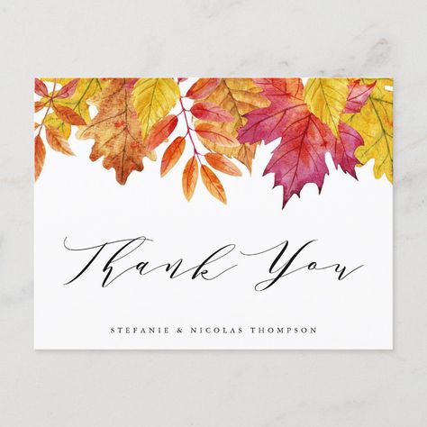 Send thanks with this customizable thank you postcard. It features watercolor fall leaves with whimsical calligraphy. Personalize by adding your details. This rustic fall thank you postcard is perfect for weddings, birthdays, baby showers, and bridal showers. Watercolor Thanksgiving Cards Ideas, Thank You Watercolor, Whimsical Calligraphy, Watercolor Fall Leaves, Diy Note Cards, Wedding Thank You Postcards, Thanksgiving Cookies, Paint Inspiration, Feminine Tattoo