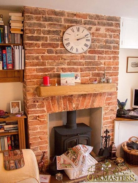 Modern oak beam inset in a brick fireplace Wood Burning Fireplace Ideas, Brick Fireplace Log Burner, Brick Chimney Breast, Contemporary Fireplaces, Exposed Brick Fireplaces, Wood Burner Fireplace, Kitchen Renos, Wood Burning Stoves Living Room, Country Cottage Living Room