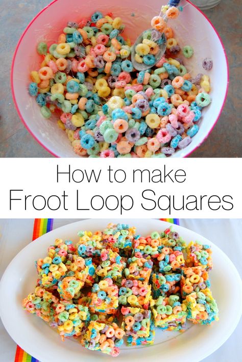 Fruit Loop Snack Ideas, Fruitloop Rice Crispy Treats, Froot Loop Rice Krispie Treats, Fruit Loop Rice Krispie Treats, Fruit Loop Treats, Cereal Bars Homemade, Froot Loop, Fruit Loops Cereal, Spring Snacks