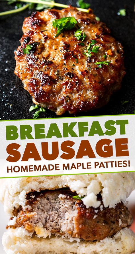 These Maple Breakfast Sausage patties are made with a combo of ground turkey and pork, savory herbs, and sweet maple syrup. Your favorite breakfast meat - perfect to make ahead and freeze! #breakfast #sausage #maple #turkey #pork #patties #makeahead #freeze Make Ahead And Freeze Breakfast, Maple Breakfast Sausage, Homemade Breakfast Sausage Recipe, Homemade Turkey Sausage, Maple Breakfast, Breakfast Sausage Seasoning, Breakfast Sausage Patties, Pork Breakfast Sausage, Homemade Breakfast Sausage