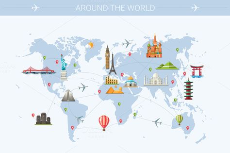 Landmarks Travel Map Illustration - Illustrations - 1 Travel Map Illustration, World Map Template, Travel Infographic, Map Illustration, Maputo, Travel Map, Up Book, Travel Illustration, Famous Landmarks