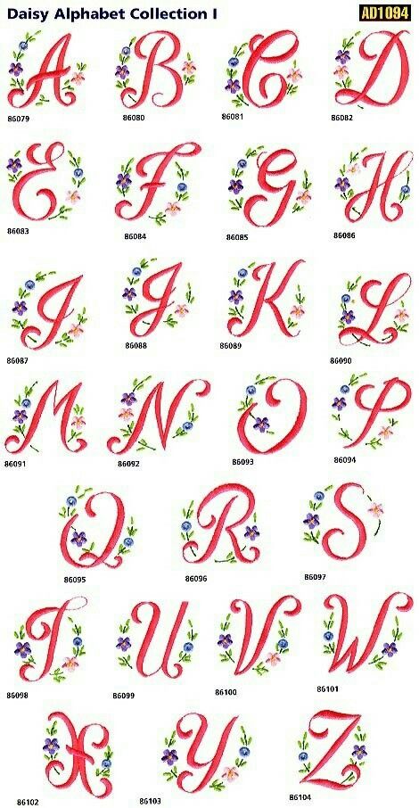 Embroidery Daisy, Hand Embroidery Letters, Hand Embroidery Patterns Free, Alfabet Letters, Embroidery Alphabet, Embroidery Letters, Pola Kristik, Machine Embroidery Projects, Hand Embroidery Projects