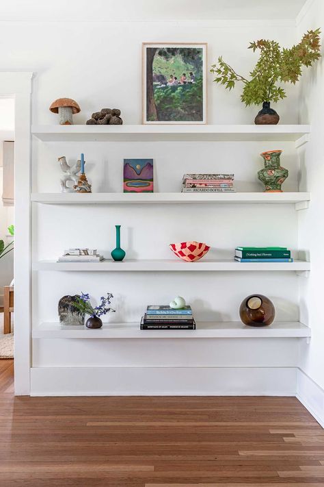 Cream Colored Cabinets, Alcove Shelves, Moving Walls, Blue Vanity, Interior Decorating Styles, Green Table, Apartment Style, Wood End Tables, Echo Park