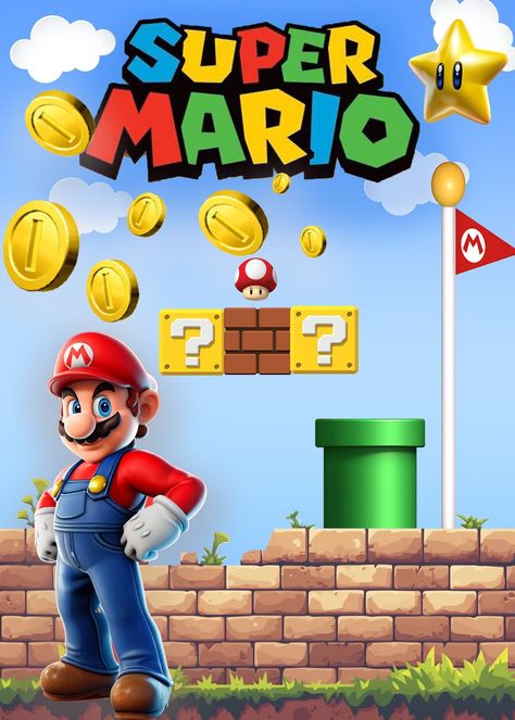 5x7 Mario Backdrop Message to customize. Digital File only Mario Backdrop, Yoshi Party, Mario Theme, Sketch Images, Mario Fan Art, Pencil Sketch Images, Mario Birthday, Mario Bros., Dragon Balls