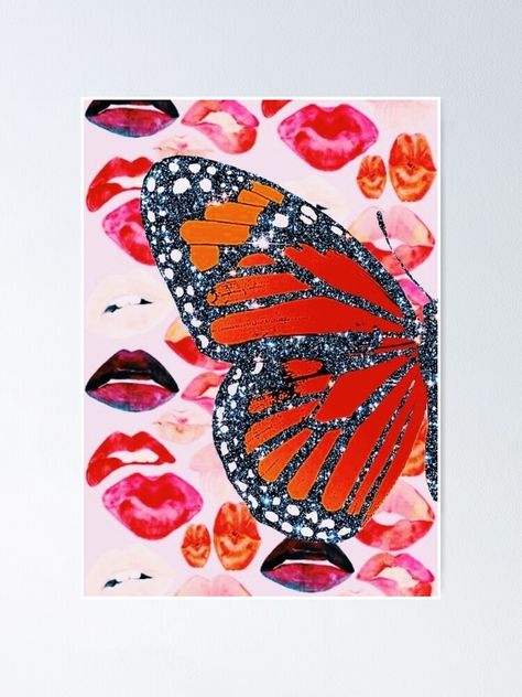 Lips Collage, Butterfly Lips, College Tapestry, Gold Tapestry, Glitter Butterfly, Blue Tapestry, Butterfly Poster, Dorm Posters, Bohemian Tapestry