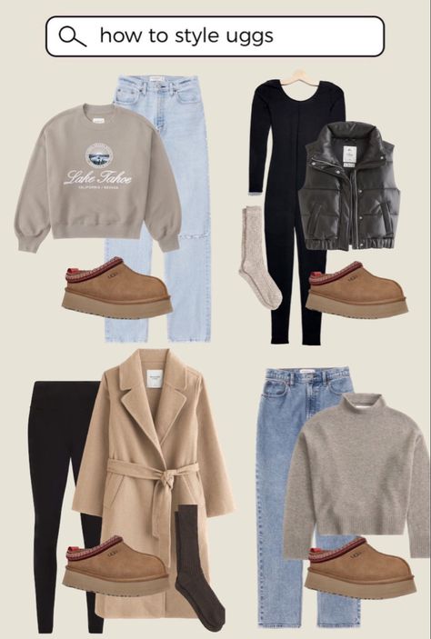 How To Wear Ugg Tazz, Ugg Casual Outfit, Ugg Classic Outfit, Uggs Outfit Slippers, How To Style Uggs Tasman, Ugg Tazz Platform Slippers Outfit, Styling Ugg Tazz, Ugg Tazz Slippers Outfits, Ugg Slippers Outfit Fall