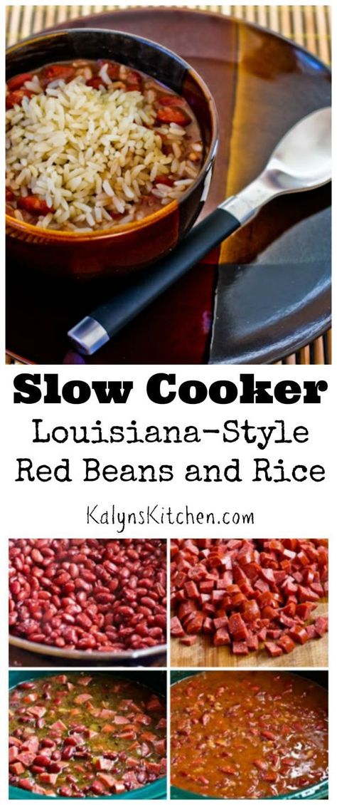 This easy Slow Cooker Louisiana-Style Red Beans and Rice is a recipe I've been making for years, and it's always a hit! PIN THIS NOW so you'll have it for Back-to-School.  (Dairy-Free, Gluten-Free, Can Freeze) [from KalynsKitchen.com] Slow Cooker Red Beans, Crockpot Sausage, Boil Recipes, Italian Feast, Crockpot Ideas, Creole Cooking, Louisiana Style, Red Beans And Rice, Cajun Cooking