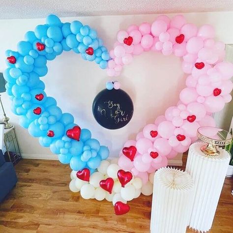 Gender Reveal Party Backdrop, Pink And White Balloons, Pedestal Column, Event Decor Ideas, Party Decorations Table, Gold Pedestal, Pink Confetti, Baby Gender Reveal Party, Decorations Table