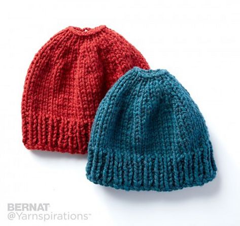 The Best Free Knit Ponytail Hat Patterns (Messy Bun Beanies) On Trend For The 2017-2018 Season! Knit Ponytail Hat Free Pattern, Messy Bun Knitted Hat, Ponytail Hat Knitting Pattern, Knitted Ponytail Hat, Ponytail Hat Pattern, Bernat Softee Chunky Yarn, Messy Bun Hat Pattern, Easy Knit Hat, Beanie Knitting Patterns Free