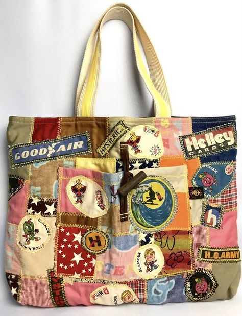 hysteric glamour reversible patchwork bag Patchwork Aesthetic, Upcycled Tote, Patchwork Tote Bags, Aesthetic Bags, Reversible Tote Bag, Leather Patchwork, Reversible Tote, Custom Tote Bags, Hysteric Glamour