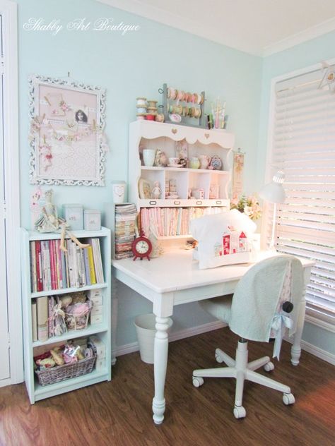 A dedicated sewing corner in the Shabby Art Boutique craft room #SewingRooms #CraftRoom #SewingSpaces Sewing Studios, Vintage Craft Room, Shabby Chic Craft Room, Shabby Art Boutique, Sewing Room Inspiration, Craft Shed, Coin Couture, Sewing Room Design, Art Boutique