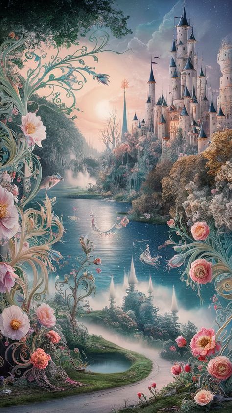 Immerse yourself in a dreamlike landscape where enchanted forests meet shimmering lakes, all bathed in twilight glow. Discover delicate creatures with iridescent wings, vibrant flowers, and majestic castles. This enchanting wallpaper blends Impressionist pastels with Surrealist contrasts, creating a serene atmosphere of magic and adventure. Perfect for fairy tale lovers and whimsical decor enthusiasts. #FairyTale #Wallpaper #EnchantedLandscape #ArtNouveau #Romanticism Fairytale Castle Aesthetic, Fairy Garden Background, Fairy Tale Wallpaper, Fairy Tale Background, Fairytale Background, Enchanted Wallpaper, Fairytale Wallpaper, Dreamlike Landscape, Enchanting Wallpaper