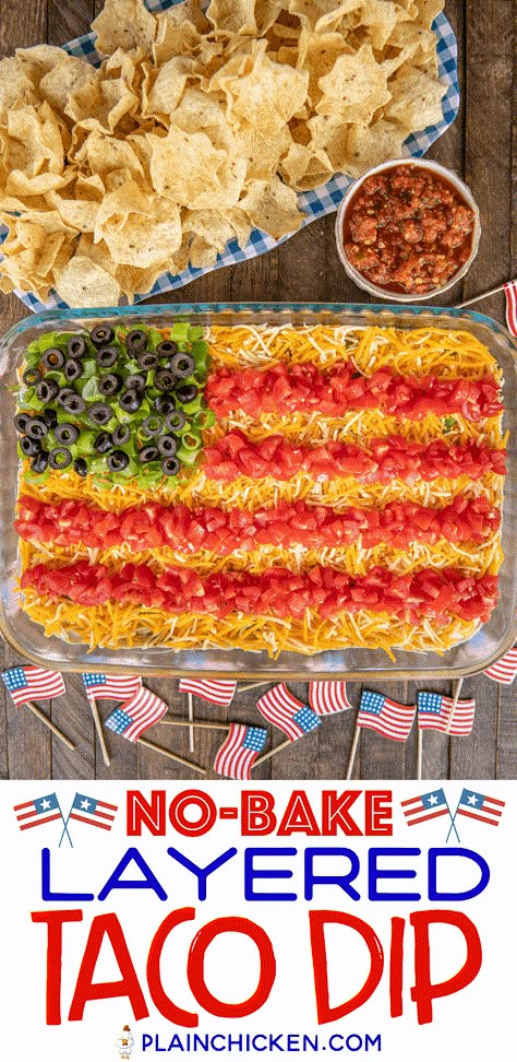 No-Bake 7 Layer Taco Dip in Flag Shape - such a fun and patriotic dip for Memorial Day, 4th of July, and Labor Day! Can just layer the dip ingredients if not serving for a patriotic holiday. Refried beans, diced green chiles, guacamole, taco seasoning, sour cream, corn, cheese, tomatoes, green onions, and olives. Can add ground beef, chicken, lettuce, onions, bell peppers - whatever you like! Make in advance and refrigerate for later. #nobake #dip #tacodip #7layerdip #flagdip Patriotic Dip, Sour Cream Corn, Hot Taco Dip, Layer Taco Dip, 7 Layer Taco Dip, Layered Taco, Nacho Dip, Layered Bean Dip, Layered Taco Dip