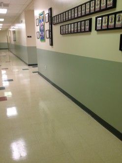 Consider the effect green has in a school hallway.  How can you carry the emotional experience of harmony into the classroom? Daycare Color Walls, Paint Colors For Office Walls, Classroom Colour Scheme, Colors For Classroom Walls, Classroom Paint Colors Wall Schools, Elementary School Color Palette, Daycare Colors Schemes, Classroom Wall Colors, Classroom Paint Colors