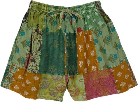 Hippie Shorts, Mixed Prints, Patchwork Shorts, Earthy Outfits, Hippie Look, Bohemian Handmade, Shorts Cotton, Trendy Skirts, Brown Shorts