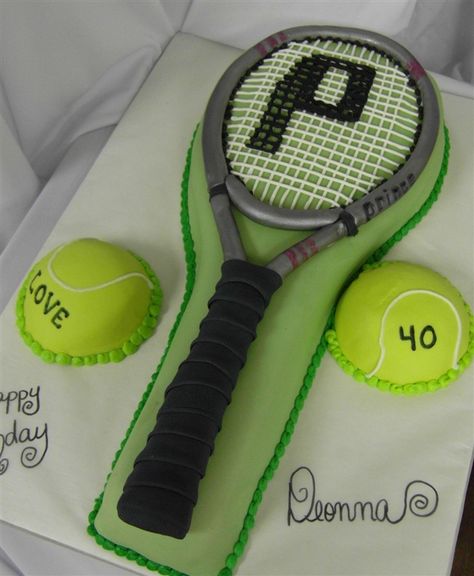 tennis racquet cake www.confectionperfectioncakes.com Tennis Racquet Cake, Tennis Racket Cake, Tennis Birthday Party, Tennis Cake, How To Play Tennis, Tennis Camp, Tennis Birthday, Squash Rackets, Tennis Party