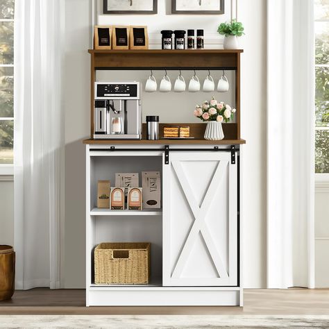 PRICES MAY VARY. 【Small Size But Larger Storage】 The farmhouse coffee bar cabinet measurement:15.75"D x 31.5"W x 50"H, this small-sized coffee bar cabinet is constructed by upright shelf with 6 movable hooks and 4 interior storage cabinets, can accommodate plenty of kitchenware in small-size housing for your various use. 【Charming Farmhouse Coffee Cabinet】 This coffee bar cabinet with storgae specializes for its distinctive farmhouse beauty, the shelf with walnut tabletop coordinate well with si Coffee Bar Inside Kitchen Cabinet, Home Office Coffee Station Small Spaces, Small Coffee Bar Cabinet, Coffee Nook Ideas Small Spaces, Mini Coffee Bar Small Spaces, Small Coffee Bar Ideas, Coffee Buffet, Tea Nook, Coffee Bar Hutch