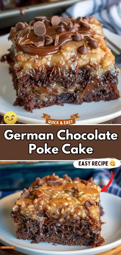 German Chocolate Poke Cake German Chocolate Poke Hole Cake, Diy German Chocolate Cake, Luxurious German Chocolate Poke Cake, Chocolate Heaven Cake Recipe, German Chocolate Cake Sheet Cake, Mouthwatering German Chocolate Poke Cake, German Chocolate Desserts Easy, Desserts That Do Not Need Refrigeration, German Choc Poke Cake