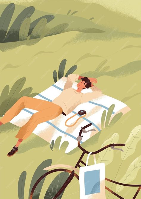 Premium Vector | Man relaxing and sleeping on grass on summer holidays. young person resting in solitude in peaceful nature. happy guy lying on blanket outdoors. summertime leisure, slow life. flat vector illustration Happy Life Illustration, Slow Down Illustration, Happy Person Illustration, Slow Illustration, Relaxed Illustration, Rest Illustration, Relaxing Illustration, Relax Illustration, Peaceful Illustration