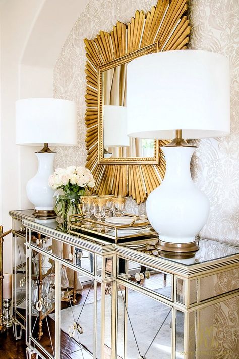 Glam Transitional Dining Room Reveal - Randi Garrett Design Glam Dining Room, Glam Dining, Transitional Dining Room, Transitional Dining, Transitional Furniture, Glam Living Room, Mirror On The Wall, Transitional Living Rooms, Transitional House