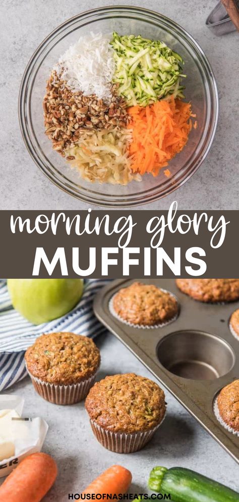 Morning Glory muffins are loaded with carrots, zucchini, apple, pecans, coconut and whole wheat flour, making them great for breakfast or a healthy snack. | morning glory muffins recipe | morning glory muffins healthy | morning glory muffins with zucchini | healthy muffin recipes breakfast Muffins With Vegetables, Zucchini Morning Glory Muffins, Morning Glory Muffins With Zucchini, Healthy Zucchini Carrot Muffins, Morning Glory Bran Muffins, Carrot Breakfast Recipes, Healthy Apple Muffin Recipes, Healthy Muffins Breakfast, Muffin Recipes Carrot