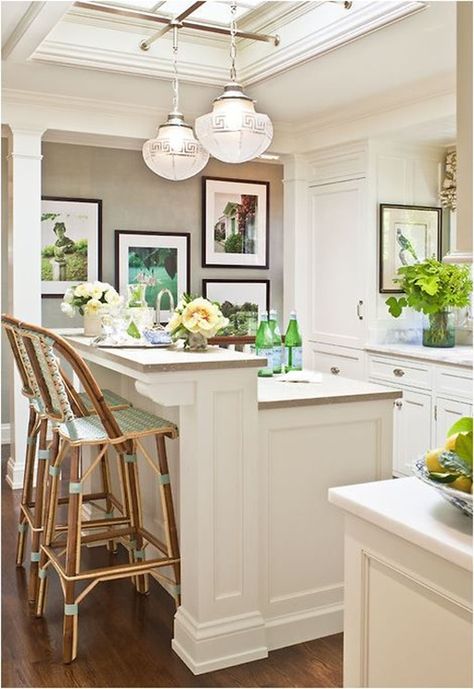 counter height kitchen island to hide the mess. bar height open plan is only for a model home where the kitchen is never used. Kitchen With White Cabinets, Interior Design Blogs, House Pics, Revere Pewter, Compact Kitchen, Kitchen Island Design, Style At Home, Bar Height, Kitchen Remodel Idea