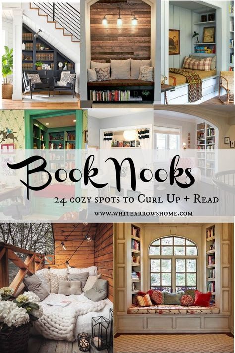 Book Nooks- 24 Cozy Spots to Curl Up + Read ~ White Arrows Home Library Nooks Ideas, Diy Book Bench Reading Nooks, Reading Chairs Comfy Nook, Library Style Bedroom, Home Library Design Ideas Cozy, Cute Home Library Ideas, Living Room Nooks, Reading Loft Ideas Small Spaces, Home Library Rooms Cozy