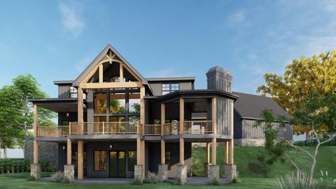 Asheville Cottage House Plan Mountain Home Floor Plans, Rustic Craftsman House Plans, Modern Craftsman House Plans, Modern Craftsman House, Vaulted Family Room, Angled Garage, Rustic Craftsman, Rustic Lake Houses, Suite Ideas