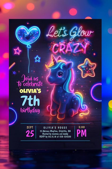 Unicorn Let's Glow Crazy Neon Birthday Party Invitation Neon Unicorn, Kids Unicorn Party, Neon Birthday Party, Glow Birthday Party, Unicorn Birthday Invitation, Unicorn Birthday Party Invitation, Neon Birthday, Glow Birthday, Unicorn Birthday Invitations