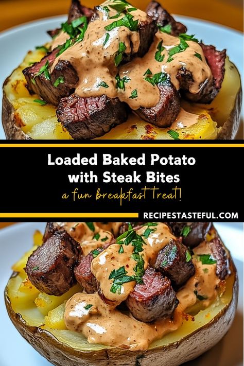 A hearty and delicious meal that pairs tender, flavorful steak bites with creamy, cheesy loaded baked potatoes. Perfect for a satisfying dinner! Baked Potatoes With Steak, Loaded Baked Potato With Steak, Baked Potato With Steak, Potatoes With Steak, Steak And Baked Potato, High Protein Foods List, Loaded Potatoes, Baked Steak, Loaded Baked Potato