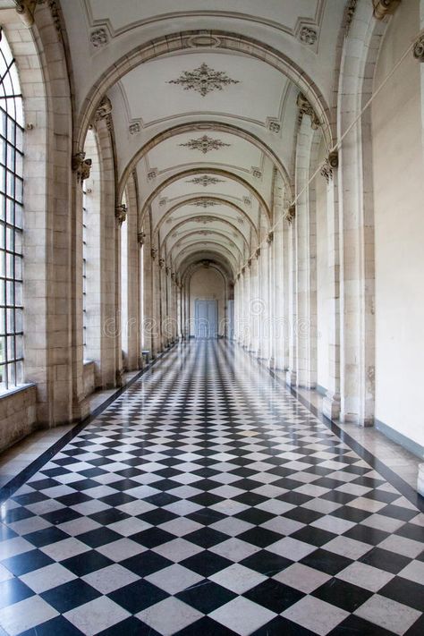 Castle corridor. View of a corridor of a french castel with a black and white Ch , #ad, #castel, #black, #white, #french, #Castle #ad Marble Floor Interior, Black And White Marble Floor, French Castle Interior, Spaces Drawing, Bohemian Drawing, Wall Video, Aesthetics Vintage, Arch Window, Room Concept