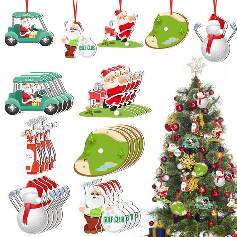 Golf Christmas Tree Decorations, Golf Theme Christmas Tree, Golf Christmas Tree, Golf Ornaments, Golf Christmas, Christmas Party Table, Christmas Golf, Wooden Snowman, Golf Theme