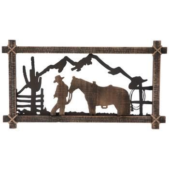 Celebrate your life out west with rustic accents like the Mountain Rancher Wood Wall Decor. This rectangular piece boasts a distressed black coating over a frame embellished with jute rope cross ties over each corner. There is a black metal mountain range, a tall cactus, and fence panels that host a spare hat and rope. In the center is the silhouette  of a cowboy guiding a horse. Display it up high for all to see as they visit the home you and your family have built from the ground up! Details: Western Paint Colors, Saddled Horse, Rope Cross, Tall Cactus, Western Wall Decor, Western Bedroom Decor, Western Rooms, Horses Wall Decor, Wall Decor Hobby Lobby