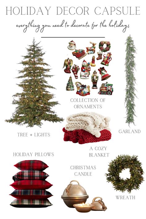 A collection of the most important items to include in your Christmas decor to easily transform your home for the holidays. Non Christmas Winter Decor Home, Heritage Christmas Decor, Canadian Christmas Decorations, Moody Christmas Living Room, Christmas Decor Classic, Types Of Christmas Decor Styles, Cool Things To Collect, Christmas Decor With Red, Yule Diy