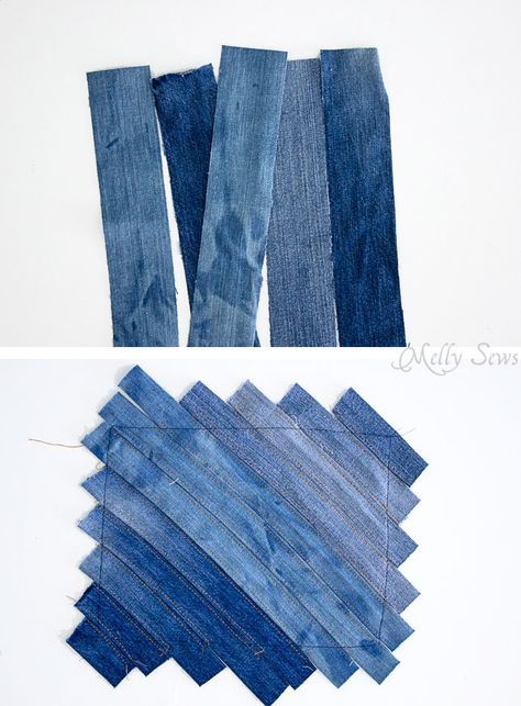 Step 1 - Upcycled Denim Cross Body Bag Tutorial - Great Way to Use Denim Scraps - Melly Sews Cross Body Bag Tutorial, Artisanats Denim, Tas Denim, Recyceltes Denim, Clutch Tutorial, Melly Sews, Denim Scraps, Fold Over Clutch, Diy Jeans