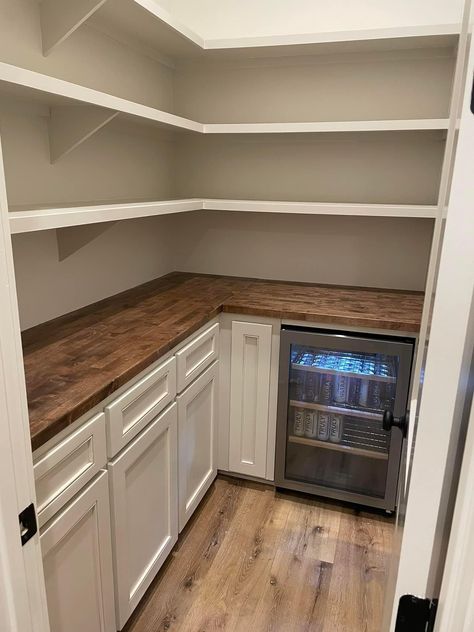 Kitchen Ideas Building A House, Corner Butler Pantry Ideas, Pantry Counter Top Ideas, Pantry With Wood Countertop, Small Walk In Laundry Room, Refrigerator In Pantry Ideas, Small Walk In Pantry Renovation, Walk In Pantry Wine Fridge, Medium Size Pantry Ideas