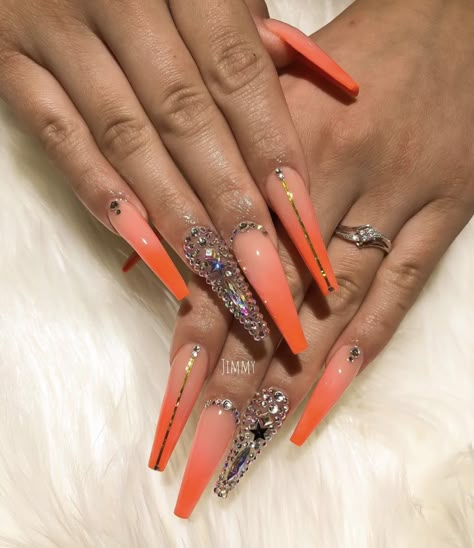 Hot Orange Nails With Design, Nail Inspo With Rhinestones, Orange Nails With Design, Hot Orange Nails, Orange Stiletto Nails, Camo Nails, Nails With Design, Ombre Acrylic, Orange Nail