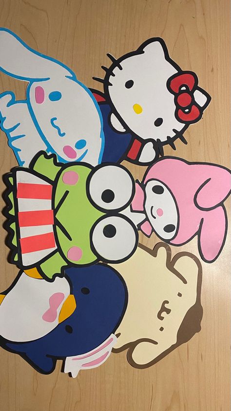 Hello Kitty Classroom Ideas, Sanrio Door Decs, Sanrio Bulletin Board, Dorm Room Door Signs Diy, Pokemon Door Decs, Hello Kitty Classroom Decorations, Hello Kitty Bulletin Board, Sanrio Classroom Theme, Squishmallow Door Decs