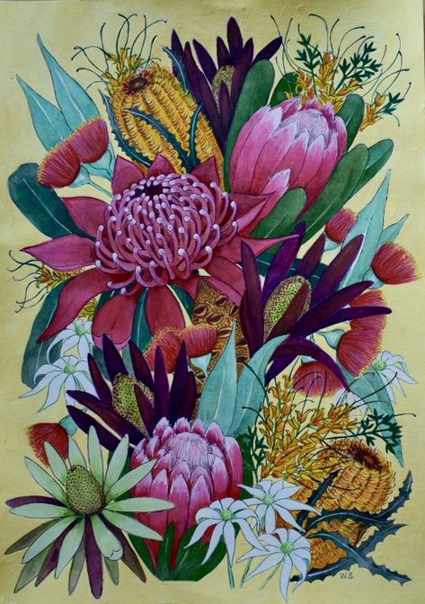 Painting of waratah, banksias, proteas, grevillea, gum blossoms and flannel flowers against a yellow background. Botanical Art Drawing, Australian Fauna, Australian Painting, Australian Native Garden, Garden Mural, Australian Wildflowers, Australian Flowers, Flora Design, Beautiful Flowers Images