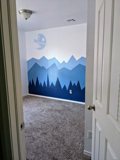 Star Wars Themed Nursery Boys, Star Wars Kid Room, Star Wars Nursery Mural, Endor Themed Nursery, Starwars Nursery Themes, Star Wars Toddler Room, Baby Boy Nursery Star Wars, Nursery Ideas Star Wars, Starwars Mural