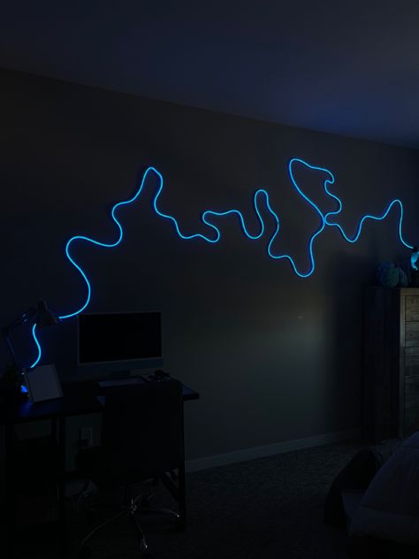 Neon Rope Light Design, Led Wall Art Bedroom, Led Setup Room, Bendy Led Lights, Led Rope Lights Bedroom Wall, Unique Led Lighting Ideas, Wave Led Light, Led Rope Light Designs, Flexible Led Strip Lights Ideas