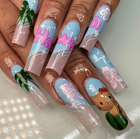 Hawaii Hello Kitty Nails, Hawaii Hello Kitty, Character Paintings, Hello Kitty Nail Art, Kitty Nail Art, Hawaii Nails, Nail Designs Bling, Hello Kitty Nails Art, Hello Kitty Nail