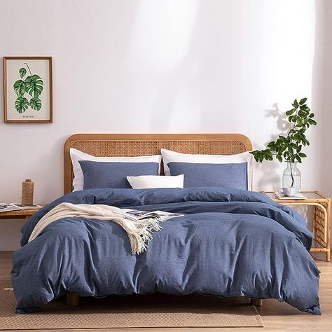 Amazon.com: Blue Duvet Cover King, 100% Washed Cotton Linen Like Textured 3 Pieces Blue Bedding Set, Solid Color Simple Style Duvet Cover, Luxury Relaxed Feel Natural Wrinkled Breathable Soft Comfy (Blue, King) : Everything Else Dark Bedding, Blue Bedding Sets, Blue Queen, Duvet Cover Queen, Blue Duvet, Blue Duvet Cover, Bed Lights, Linen Duvet Covers, Blue Bedding