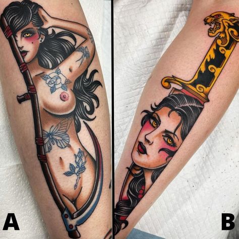 Traditional Tattoo Pin Up, Tattoo Art Ideas, Traditional Tattoo Girls, Old School Traditional, Pin Up Girl Tattoo, Creative Tattoo, Traditional Tattoo Sleeve, Old School Tattoo Designs, Traditional Tattoo Design