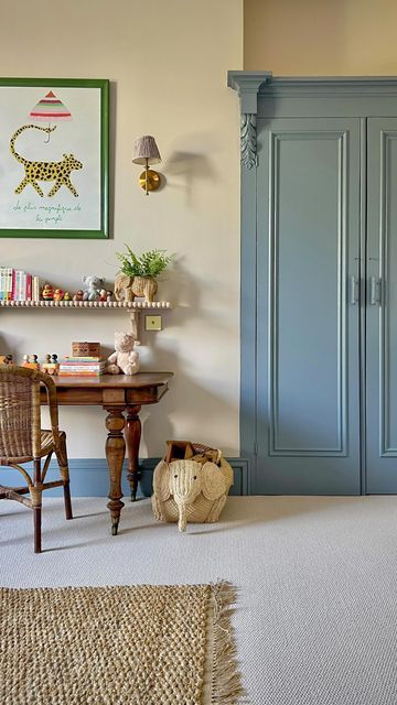 Woodwork Paint Colour, French Blue Trim Interior, Laquer Painted Walls, Colourful Woodwork, Colorful Nordic Interior, Painted Door Frames Interior, Nursery Ideas Colourful, Blue Skirting Boards, Yellow Woodwork