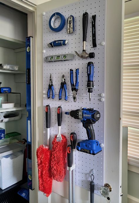 Tool Storage Ideas Small Spaces Apartment, Tool Storage Apartment, Tool Storage Cupboard, Small Basement Ideas Storage, Tool Storage Inside House, Tool Closet Organization Ideas, Small Tool Closet Organization, Tools Storage Ideas Small Spaces, Closet Tool Organization